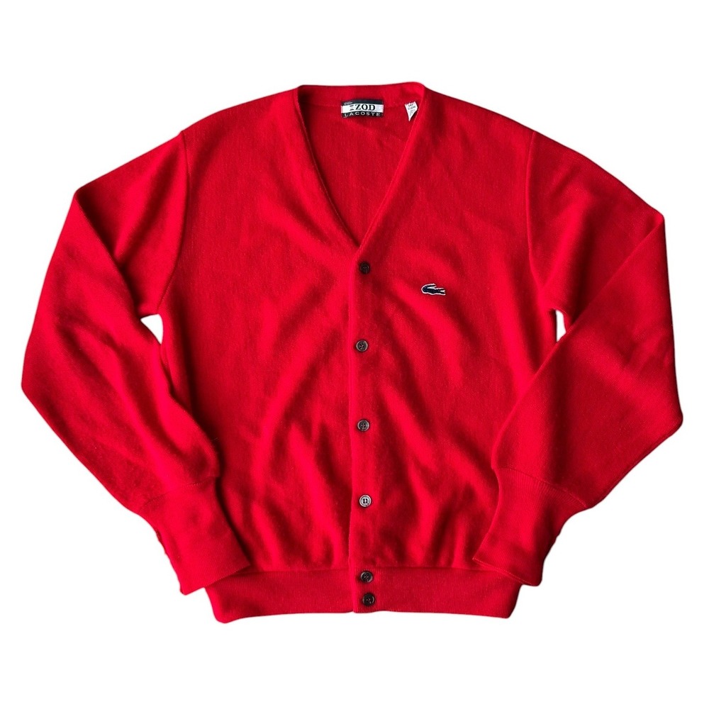 Vintage Izod Lacoste Red Cardigan Sweater Mens Medium Orlon Acrylic V-Neck Logo